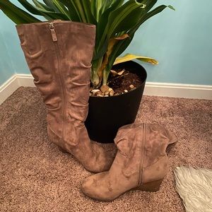 Beige knee high boots